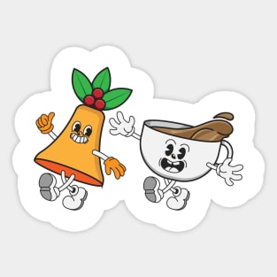 Retro vintage character of christmas bells and cup of coffee walking Sticker